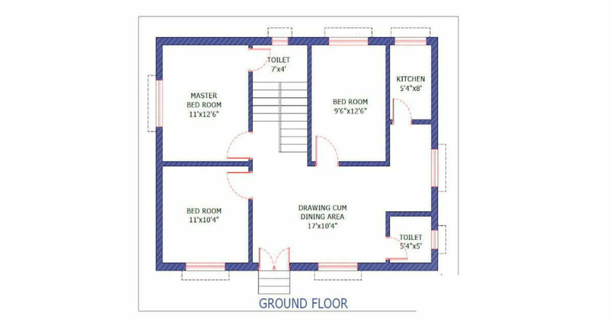 2D House Plan 3 Bed Room Ground Flore Design