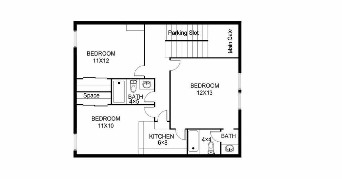 3 Bed Room Simple Design 2D House Plan